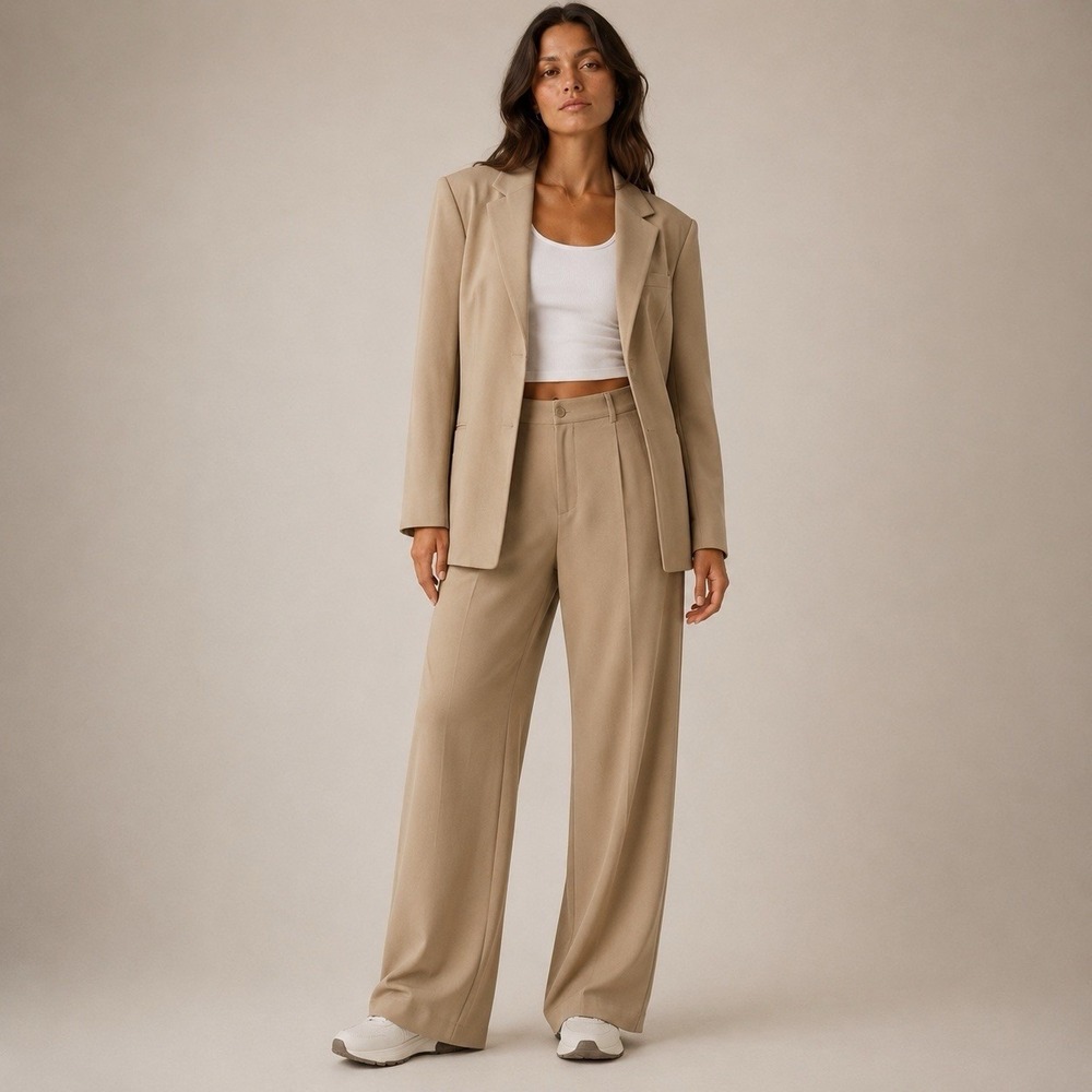 Vintage Via Seta Womens 100% Silk 2 Pc Blazer Pant Suit Set 12 Tan Quiet Luxury